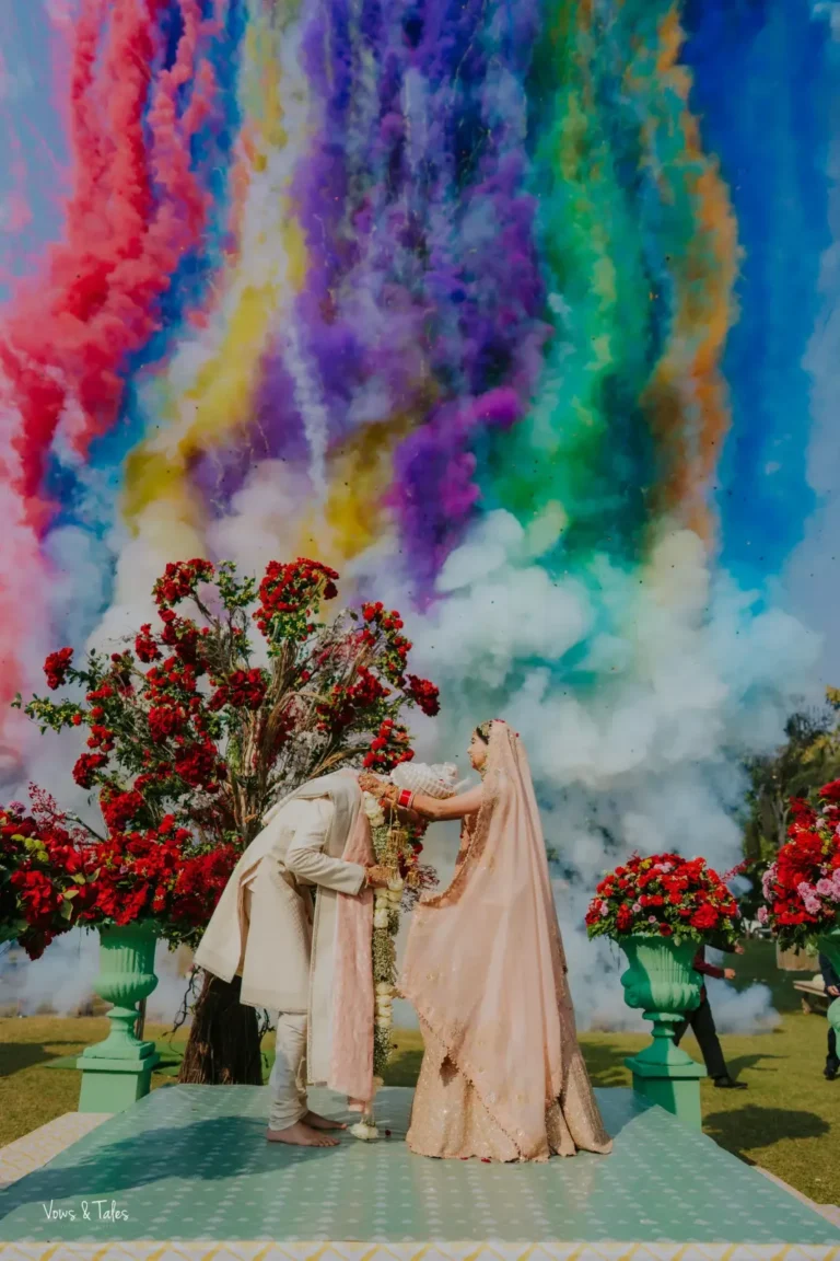 Engagement varmala colour celebration — DreamzKrraft luxury wedding planners