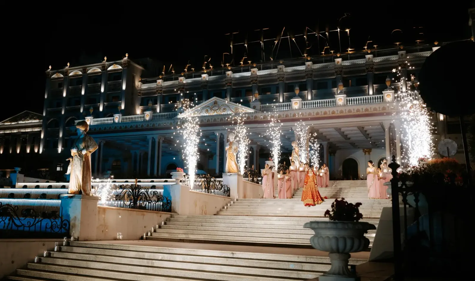Sunset mountain-backdrop mandap by DreamzKrraft at an international destination wedding, the scale of work covered by the Los Angeles Times