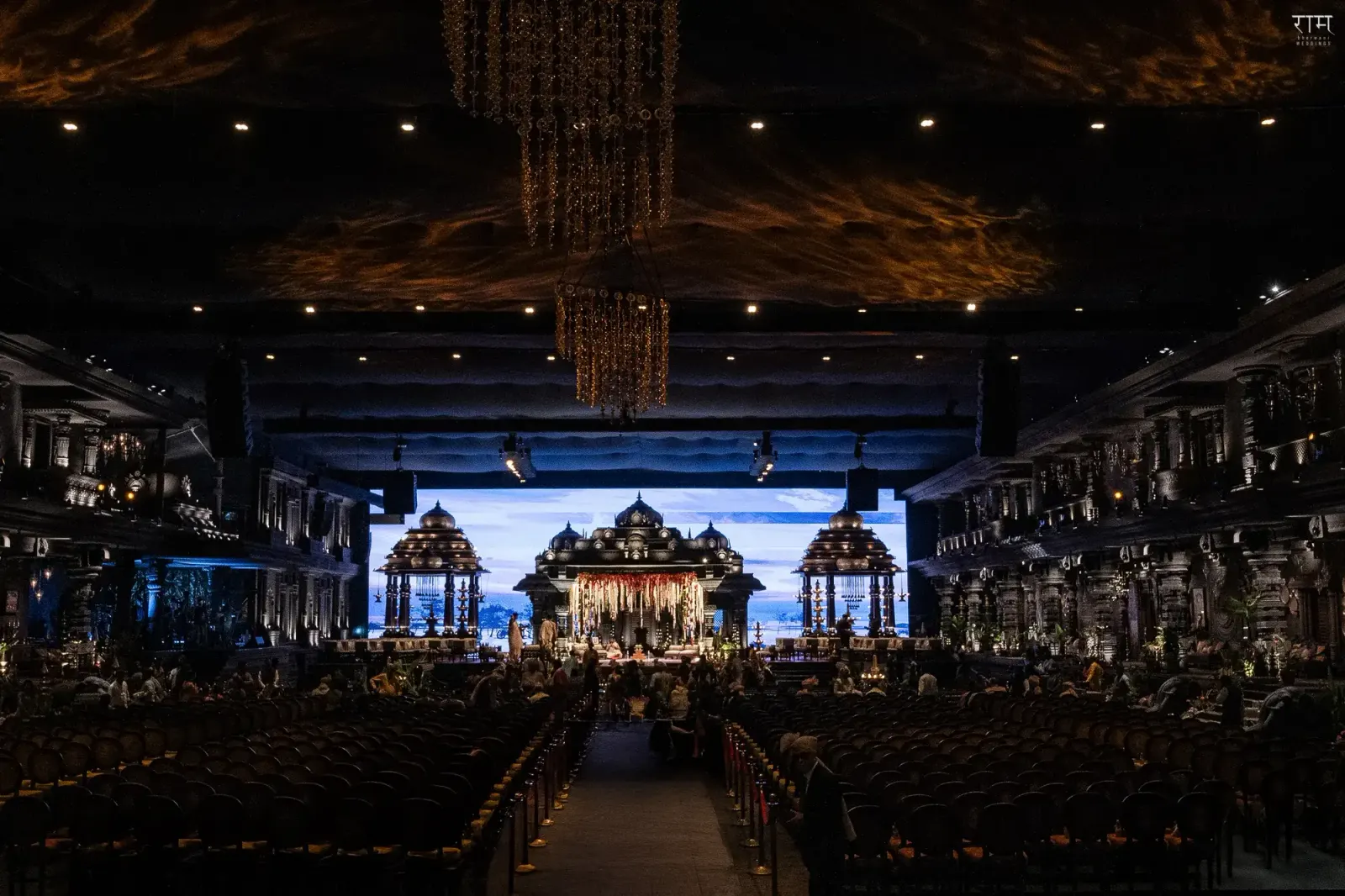 Grand Mangalorean temple-inspired mandap designed by DreamzKrraft for the Vaishnav Shetty and Sonali wedding, featured in Vogue India